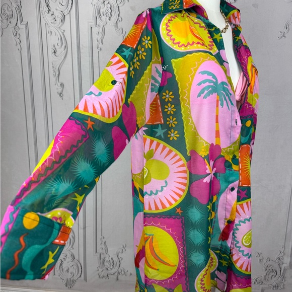 Vibrant Tropical Multicolor Oversized Button Up Shirt Dress - Picture 5 of 12